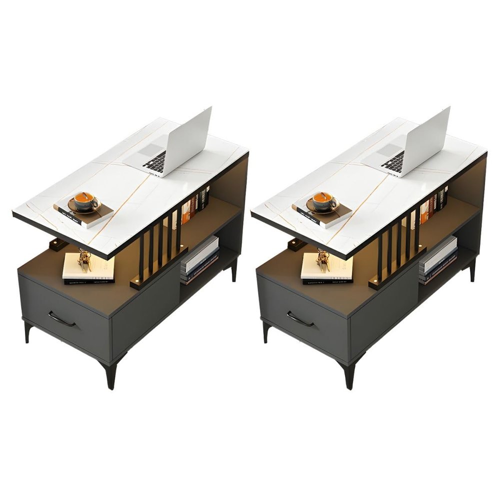 CraftThink End Table, Modern Rectangular Side Table with Black Steel Four-Leg Base, Drawers, and Storage Shelves for Living Room Bedroom Balcony and Office, 2 White-Gray 35.5" L x 16" W x 23" H