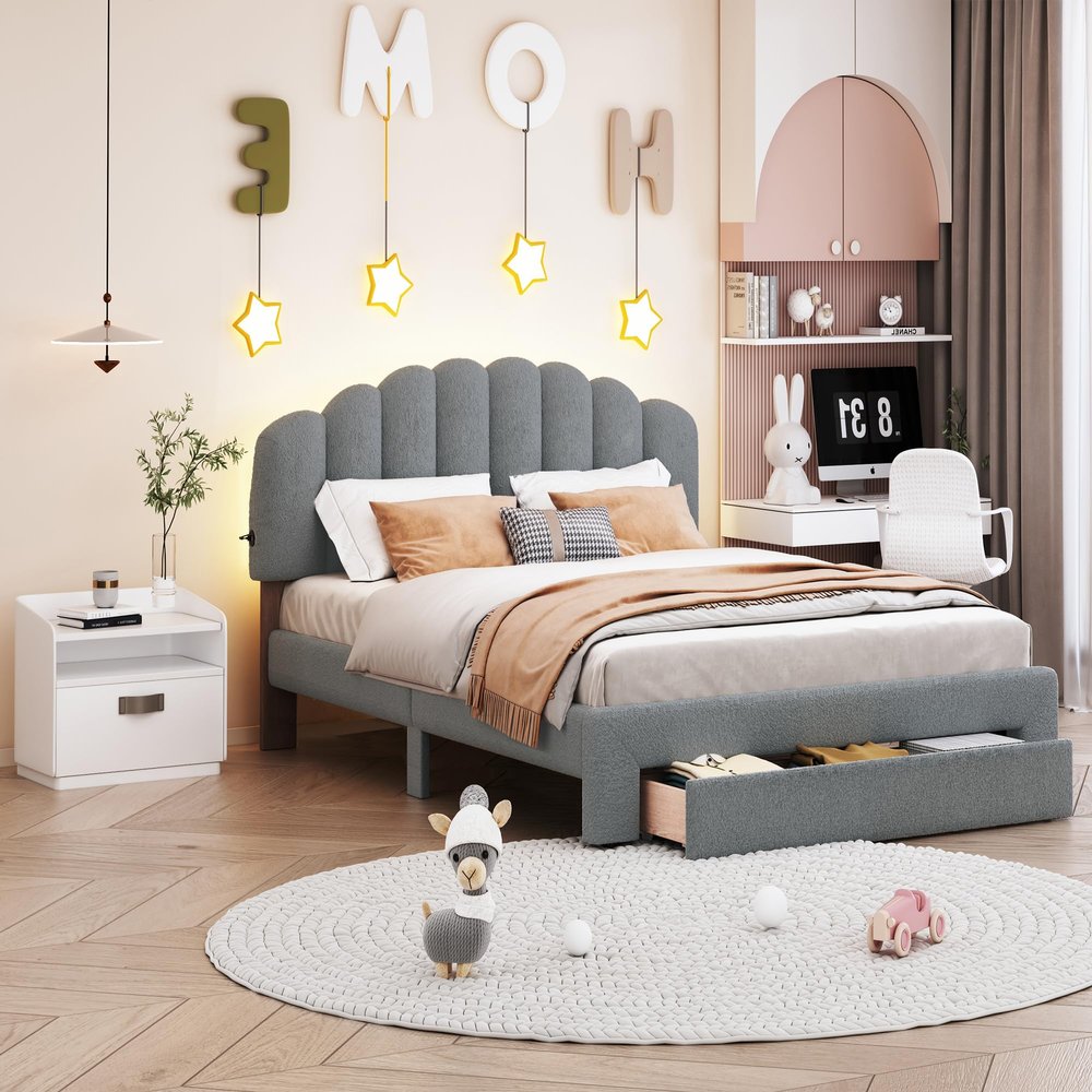 Warm Teddy Fleece Queen Size Upholstered Platform Bed with Drawer, LED Bed Frame,USB Ports,No Box Spring Required for Girls,Boys,Kids,Teens, Adults (Gray-@9.0)