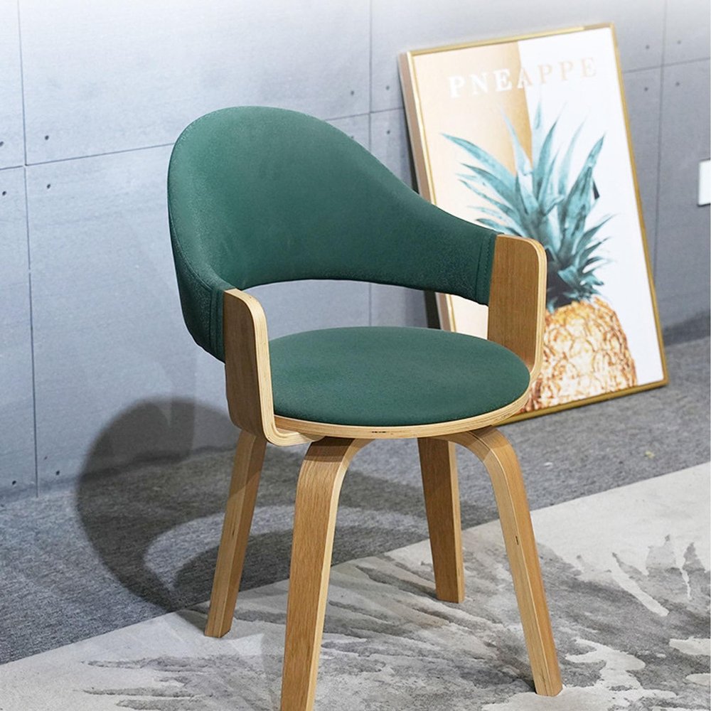 Wheelless Desk Chair, Mid-Century Modern Swivel Chair, Solid Wood Bent Wood Legs, Upholstered Bent Wood Home Office Chair for Small Spaces