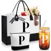 Aliceset Initial Gifts for Women Monogram Canvas Tote Bag and Makeup with Zipper and Initial Glass Coffee Cup Gifts for Her(Letter P) view 1