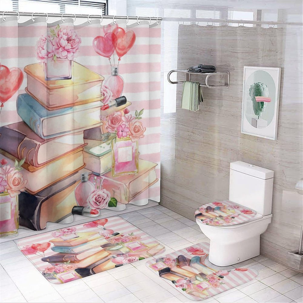 FBMLBRB Rustic Modern Stripe Theme 4 Pcs Waterproof Shower Curtain Set,Watercolor Cosmetics Makeup Perfume Lipstick Floral Balloon Book with Waterproof Toilet Cover Shower Mat Rugs