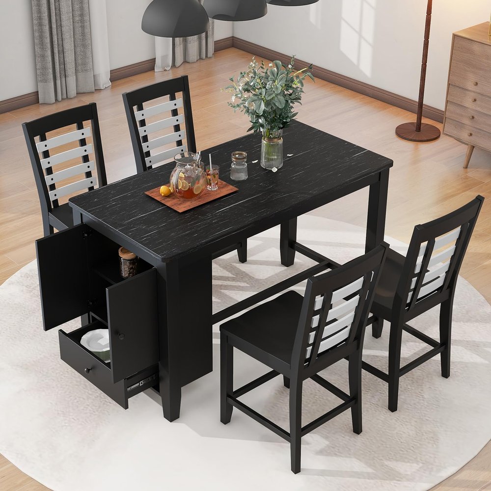 5-Piece Counter Height Dining Set with Faux Marble Tabletop, Wood Rectangular Kitchen Table with 4 Chairs Kitchen Dining Table Set with Storage Cabinet and Drawer, Black