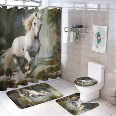 4Pcs Rustic White Horse Shower Curtain Sets, Forest Waterfalls Animal Modern Bathroom Set with Shower Curtain, Toilet Lid Rug, Non-Slip Rugs and Bath Mat Waterproof Curtain Set