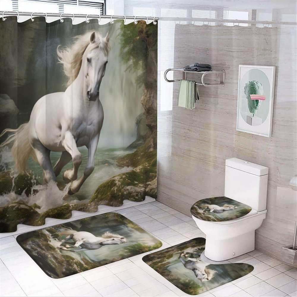 4Pcs Rustic White Horse Shower Curtain Sets, Forest Waterfalls Animal Modern Bathroom Set with Shower Curtain, Toilet Lid Rug, Non-Slip Rugs and Bath Mat Waterproof Curtain Set