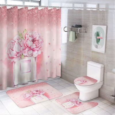 FBMLBRB Pink Art Modern Fashion 4 Pieces Shower Curtain Set, Watercolor Girl Perfume Cosmetics Florals Makeup Theme Diamonds Non-Slip Rugs Toilet Lid Cover Bath Mat and Bathroom Curtain