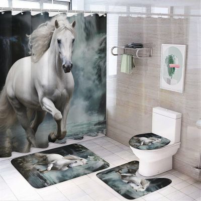 Running Waterfall Animal Shower Curtain Set for Bathroom, 4Pcs Forests White Horse Modern Bathroom Sets with Shower Curtain, Non Slip Rugs, Toilet Lid Cover, Bath Mat, Bathroom Decor