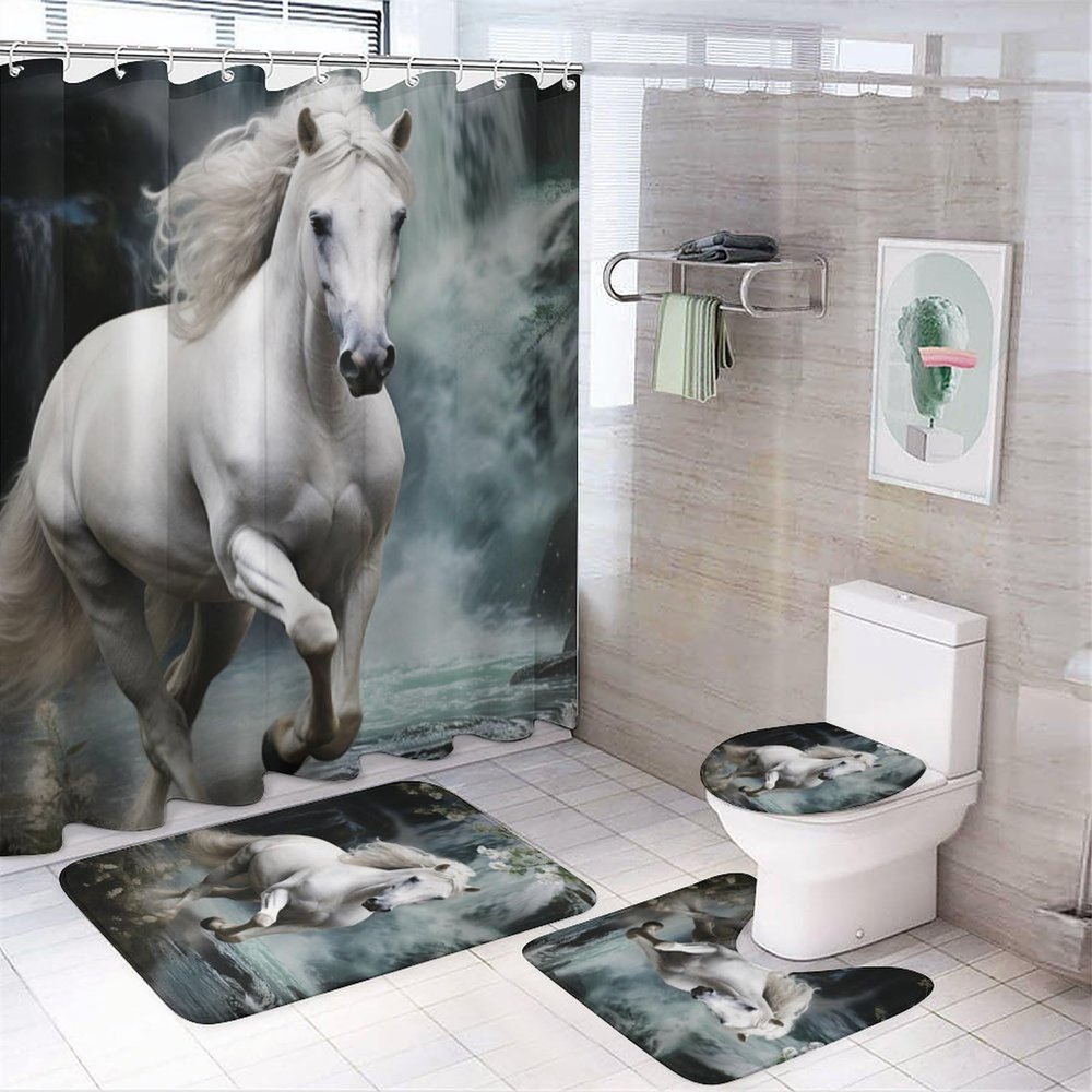 Running Waterfall Animal Shower Curtain Set for Bathroom, 4Pcs Forests White Horse Modern Bathroom Sets with Shower Curtain, Non Slip Rugs, Toilet Lid Cover, Bath Mat, Bathroom Decor