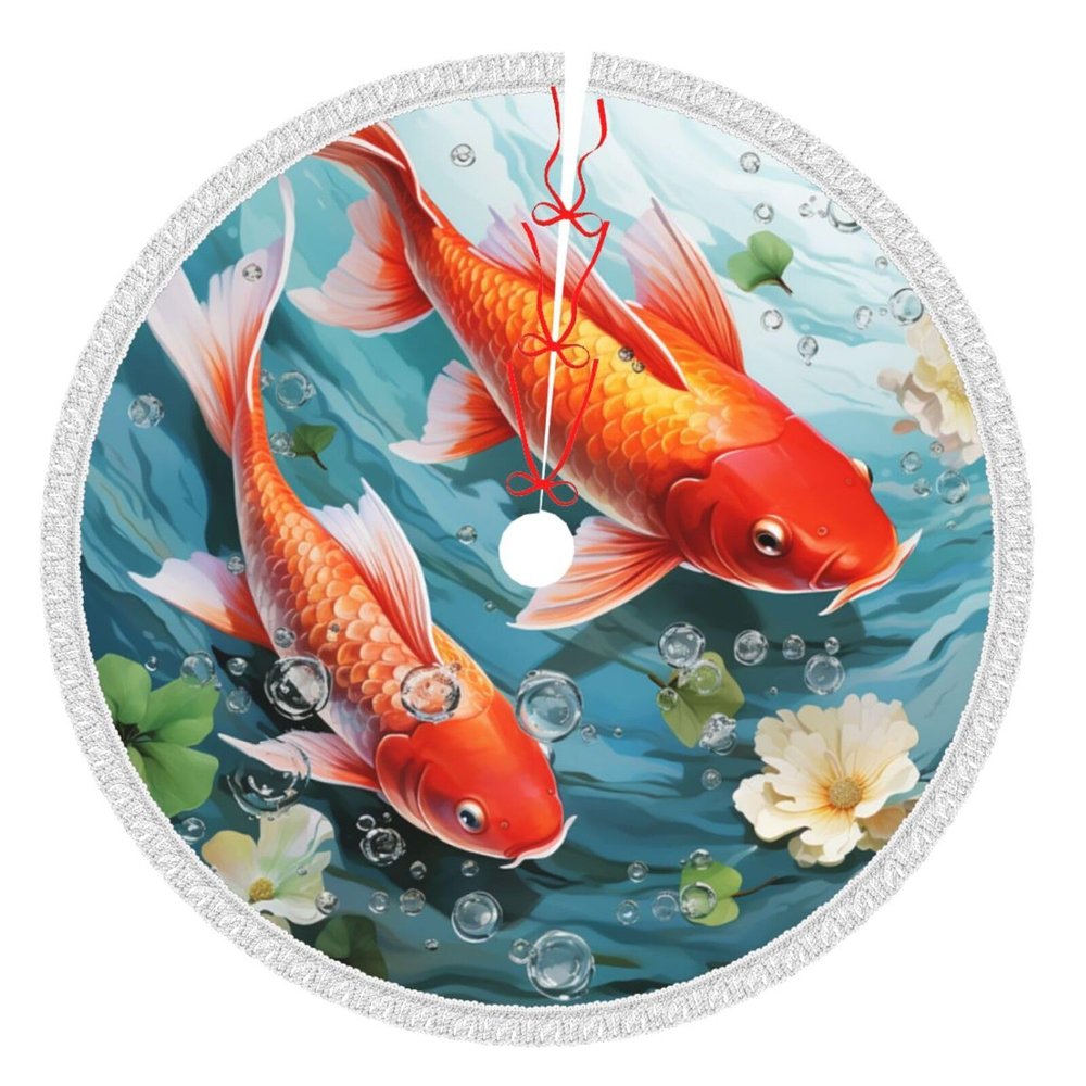 Japanese Pretty Red carp Fish Christmas Tree Skirt 36" Xmas Tree Skirt Gorgeous Edge Tassel Christmas Tree Mat for Holiday Party Christmas Decorations for Xmas Tree Christmas Ornaments