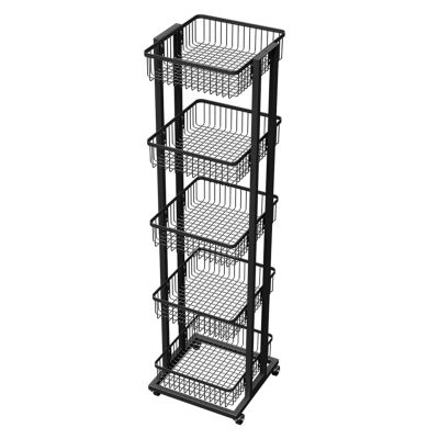 5-Tier Snack Organizer Cart, Adjustable Supermarket Fruit Vegetable Drink Basket Stand on Wheels for Kitchen Dorm Cellar Store, Rolling Metal Wire Storage Shelf (Color : Black)