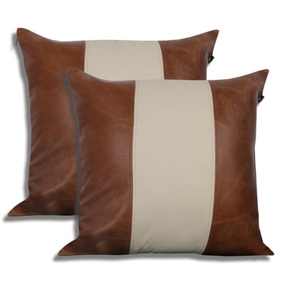 LL LEATHER LOVERS Lambskin Leather Pillow Cover - Sofa Cushion Case - Decorative Throw Covers for Living Room & Bedroom, 20x20 Inches - Tan & Off-White Pack of 2