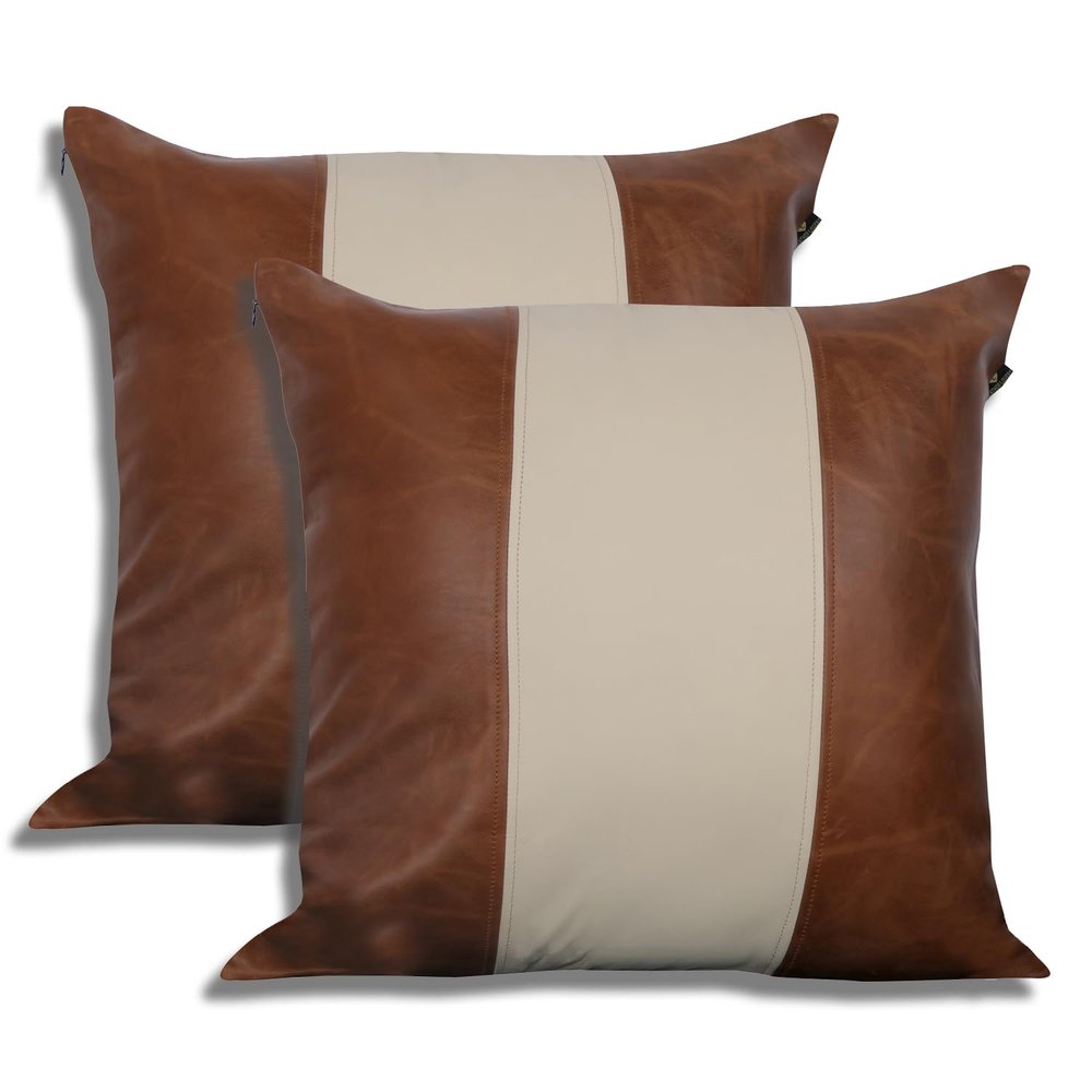 LL LEATHER LOVERS Lambskin Leather Pillow Cover - Sofa Cushion Case - Decorative Throw Covers for Living Room & Bedroom, 20x20 Inches - Tan & Off-White Pack of 2