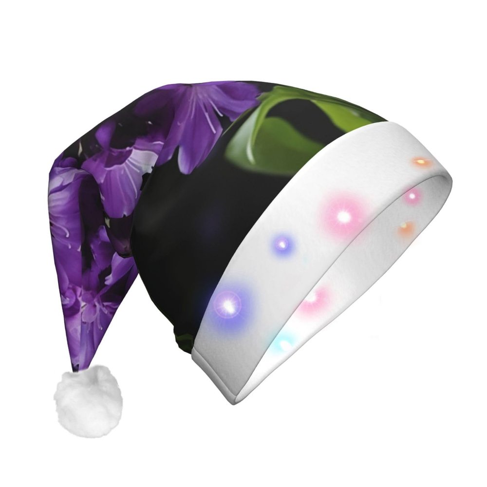 Dwrepo Purple Flower Christmas Hat with LED Lights Adult Santa Hat Plush Xmas Hat for Women Men Party Supplies