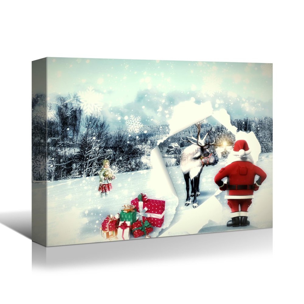 BANHUA1 Christmas Canvas Wall Art for Home Decor - Christmas Wall Decor Winter Scene with Christmas Deer and Santa Claus Pictures Print On Canvas Artwork Ready to Hang 30"x20"(75x50cm)