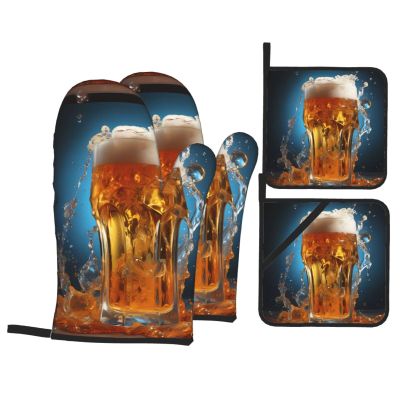 Beer Foam Oven Mitts and Pot Holders Sets Barbecue Mitts High Heat Resistance Anti Slip for Baking Cooking