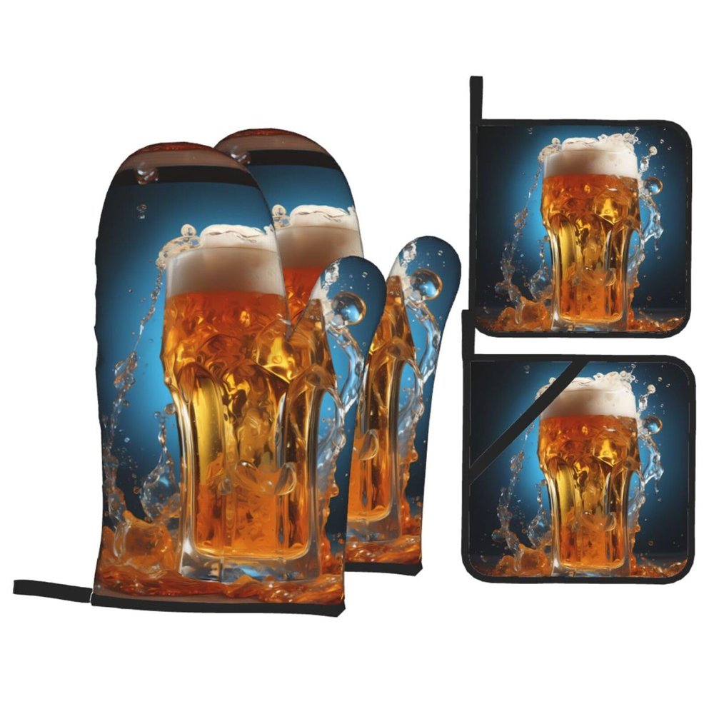 Beer Foam Oven Mitts and Pot Holders Sets Barbecue Mitts High Heat Resistance Anti Slip for Baking Cooking