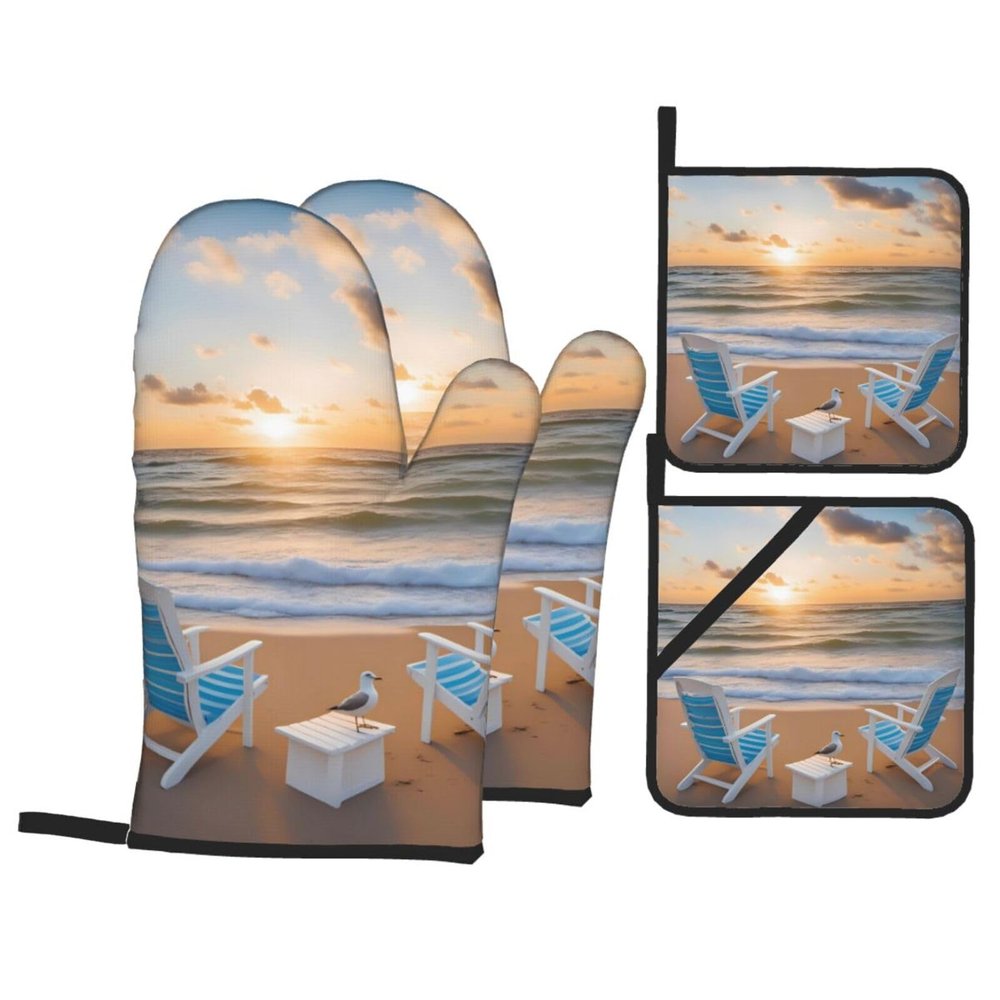 A Beautiful Seagull Oven Mitts and Pot Holders Sets Barbecue Mitts High Heat Resistance Anti Slip for Baking Cooking