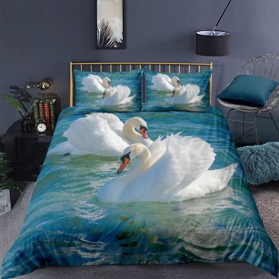 Roadchoice Two Swans Duvet Cover White Swan Twin SizeComforter Cover Set Waterfowl Teenager Child Bedding Set Three Piece Suit, 1 Duvet Set with 2 Pillowcase