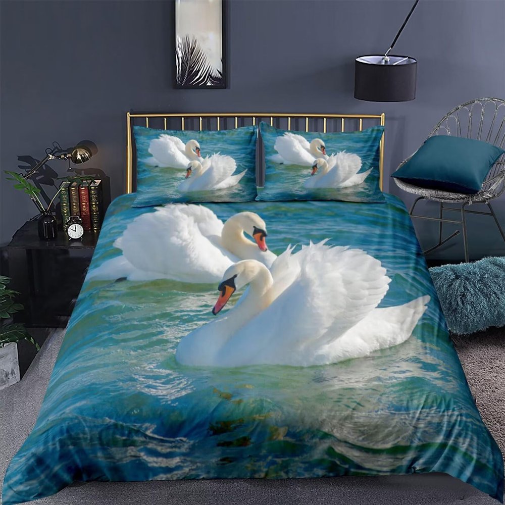 Roadchoice Two Swans Duvet Cover White Swan Twin SizeComforter Cover Set Waterfowl Teenager Child Bedding Set Three Piece Suit, 1 Duvet Set with 2 Pillowcase