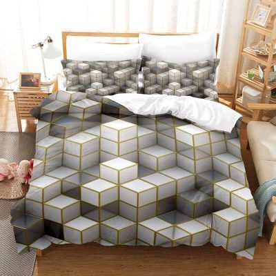 Roadchoice White Square Duvet Cover King Size,Gold Edge Cube Comforter Cover Set Kids Teens Women Home Decor,3D Cube Microfiber Quilt Cover Three Piece Suit with Zipper