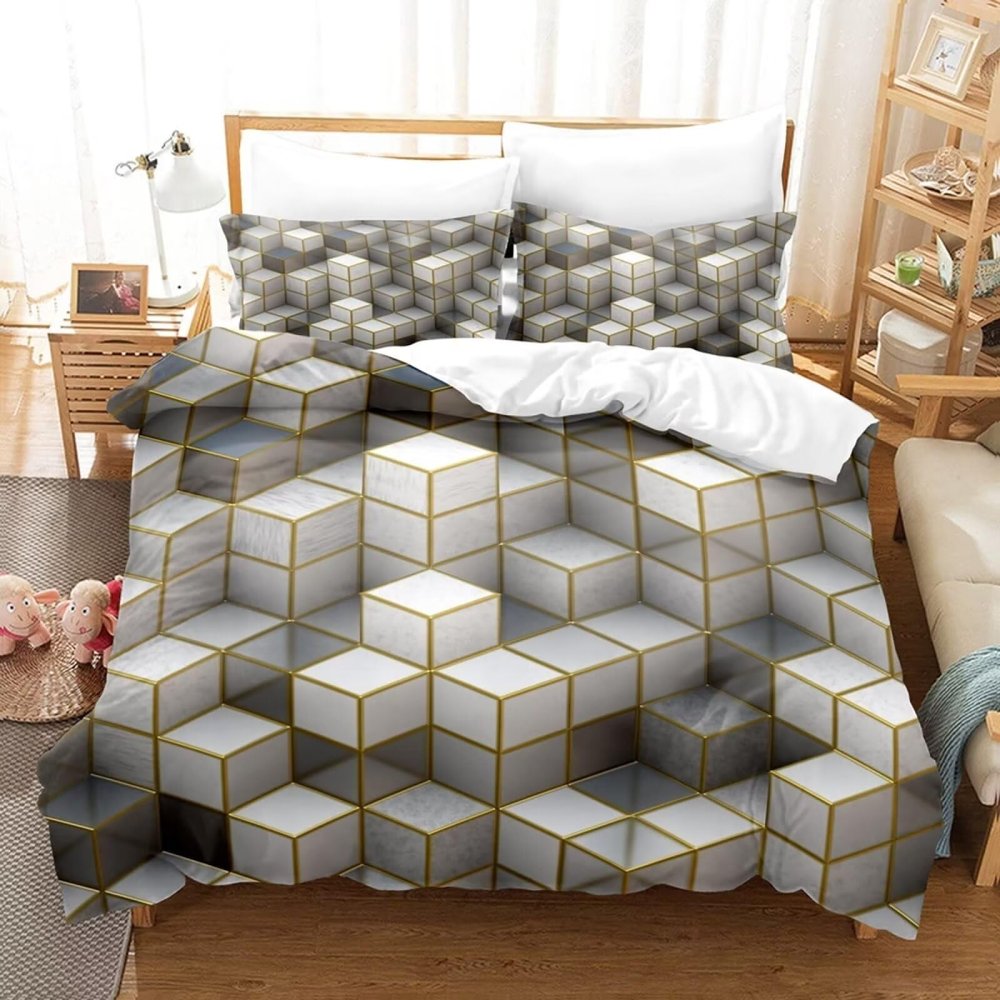 Roadchoice White Square Duvet Cover King Size,Gold Edge Cube Comforter Cover Set Kids Teens Women Home Decor,3D Cube Microfiber Quilt Cover Three Piece Suit with Zipper