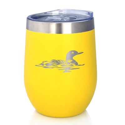 Bevvee Loon - Wine Tumbler Glass with Sliding Lid - Stainless Steel Insulated Mug - Loon Gifts for Women and Men - Yellow