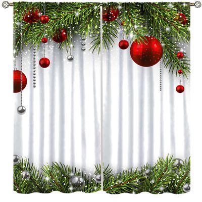 AuiMzoo Christmas Decorative Window Curtains, Classic Christmas Decorations Conifer Pine Tree Branches Gold Velvet Print Holiday Home Decor for Bedroom Living Room84X84 Inch