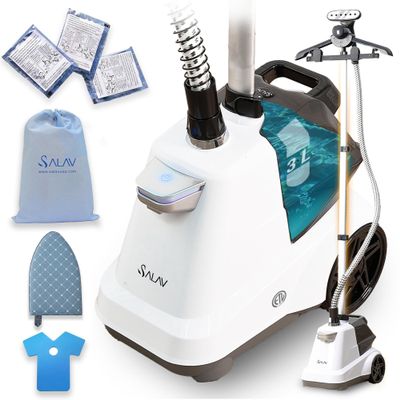 SALAV X3A Heavy Duty Commercial Full-Size Garment Steamer with Foot Pedals and Extra Large 3L (101.5 oz) Water Tank (White) and Accessories Pack