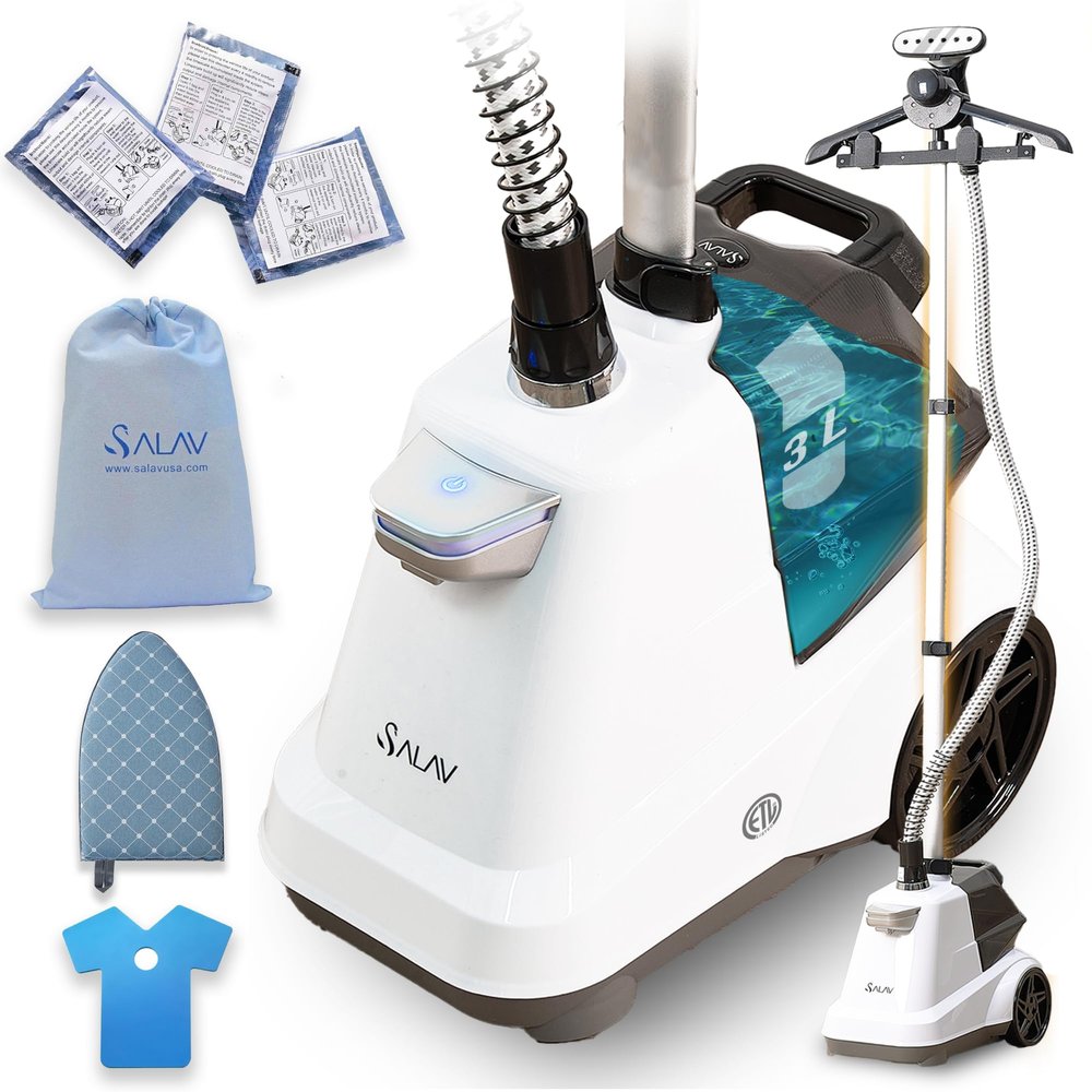 SALAV X3A Heavy Duty Commercial Full-Size Garment Steamer with Foot Pedals and Extra Large 3L (101.5 oz) Water Tank (White) and Accessories Pack