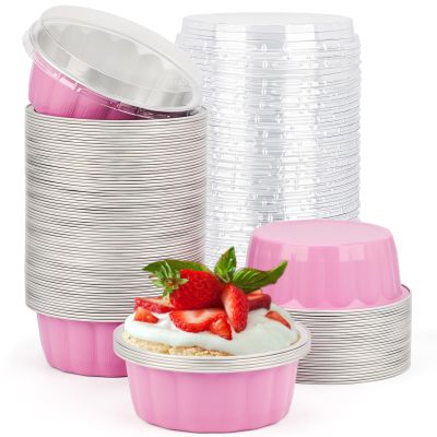 Beasea Disposable Ramekins with Lids Pink, 8oz 100 Pack Aluminum Cups for Baking, Aluminum Foil Cups Creme Brulee Muffin Cupcake Baking Cup Mini Pudding Cups for Party Wedding Birthday