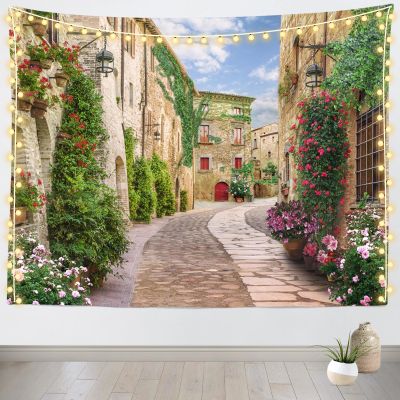 Loccor 92''x70'' Italy Alley Tapestry Tuscany Old Town Narrow Street Background European Building Scene Blooming Flowers Wall Hanging for Holiday Party Decor Kids Adult Theme Living Room Dorm Decor