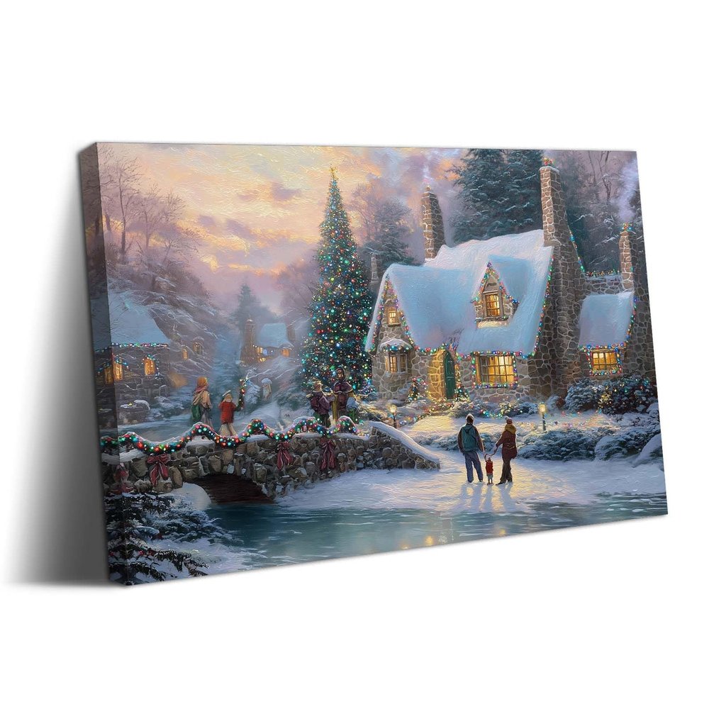 Dimpoli Christmas Town and Snowman Artwork Print on Canvas, Christmas Theme Wall Art Decorations for Home Living Room Decor 30x20 Inches