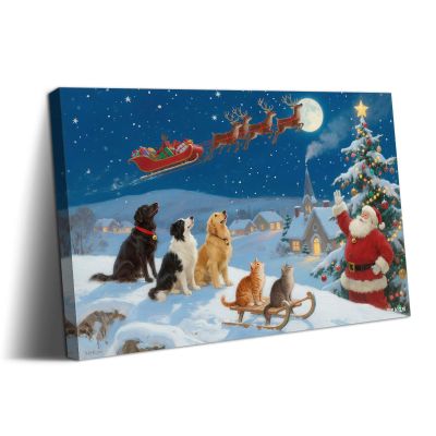 Dimpoli Christmas Canvas Wall Art, Santa Claus Reindeer with Sleigh and Snowman Decorations Artwork Print on Canvas, Country Christmas Wall Art Decorations for Home Living Room Decor 32x24 Inches