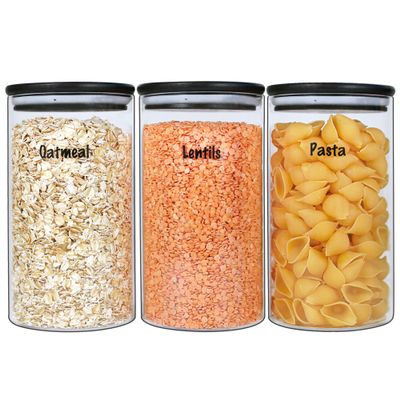 Urban Green Glass Jars with Black Lids, Glass food storage container sets with black lids, Airtight Canisters Sets with Bamboo Lids. Pantry Jar (3 Pack of 48oz)