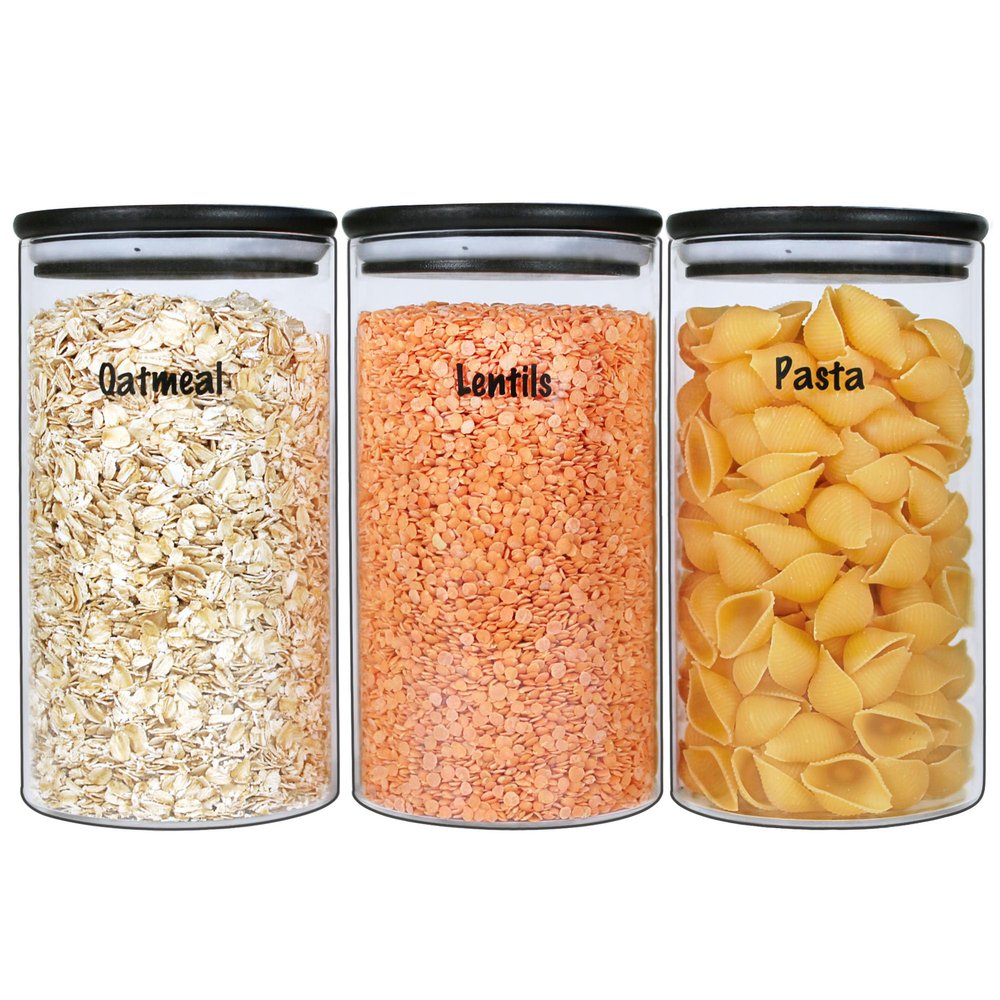 Urban Green Glass Jars with Black Lids, Glass food storage container sets with black lids, Airtight Canisters Sets with Bamboo Lids. Pantry Jar (3 Pack of 48oz)