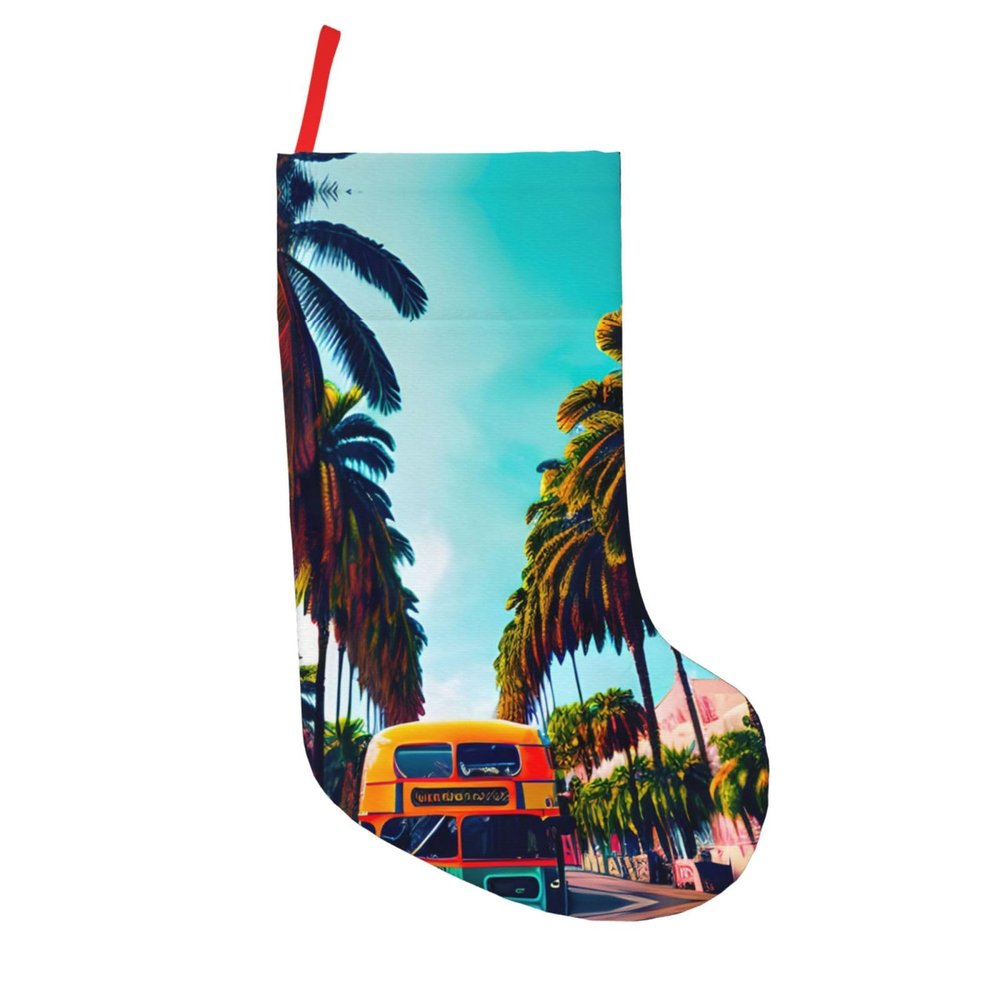 KoNsev 18" Christmas Stocking for Boys Girls Large Xmas Stockings for Family Holiday Christmas Party,Colorful Bus Palm Tree Print