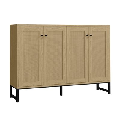 Panana Sideboard Accent Storage Cabinet with Rattan Decorated 4 Doors Dining Room Freestanding Kitchen Buffet Table Cupboard (Natural)
