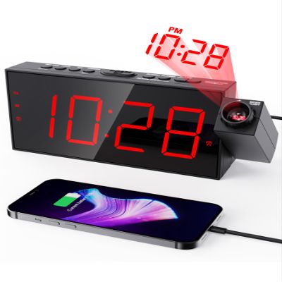 OnLyee Projection Alarm Clock for Bedroom,LED Digital Clock on Ceiling Wall with USB Phone Charging,Battery Backup,180 Rotatable Projector& Dimmer,12/24H,DST,Snooze,Dual Loud Bedside Heavy Sleeper