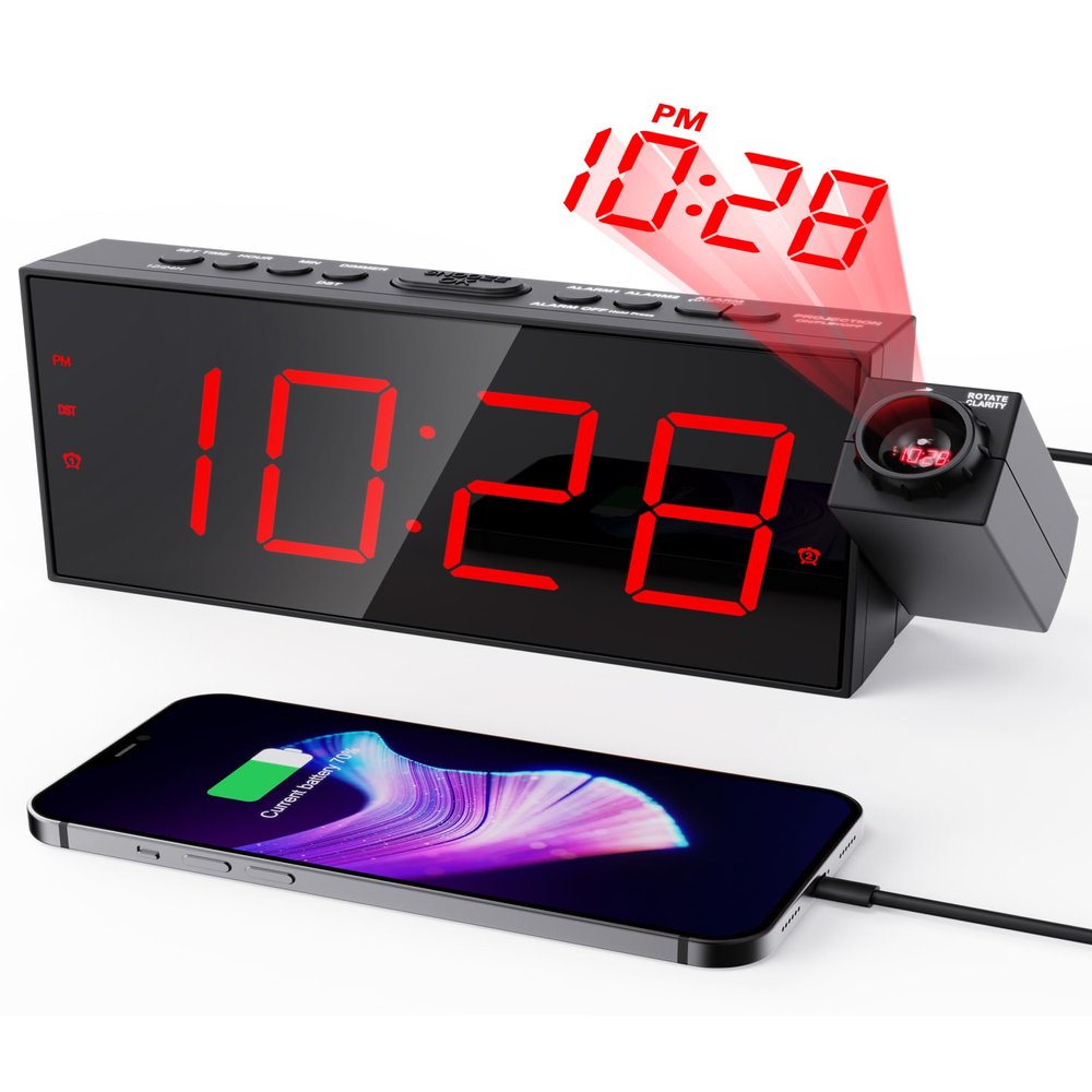 OnLyee Projection Alarm Clock for Bedroom,LED Digital Clock on Ceiling Wall with USB Phone Charging,Battery Backup,180 Rotatable Projector& Dimmer,12/24H,DST,Snooze,Dual Loud Bedside Heavy Sleeper