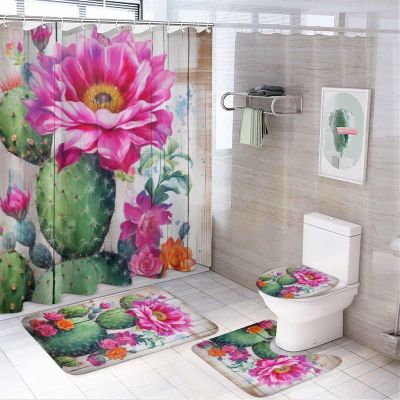 4Pcs Colorful Natural Plants Waterproof Shower Curtain Sets for Bathroom,Green Cactus Floral Abstract Bathroom Decor Set with Shower Curtain and Rugs and Accessories