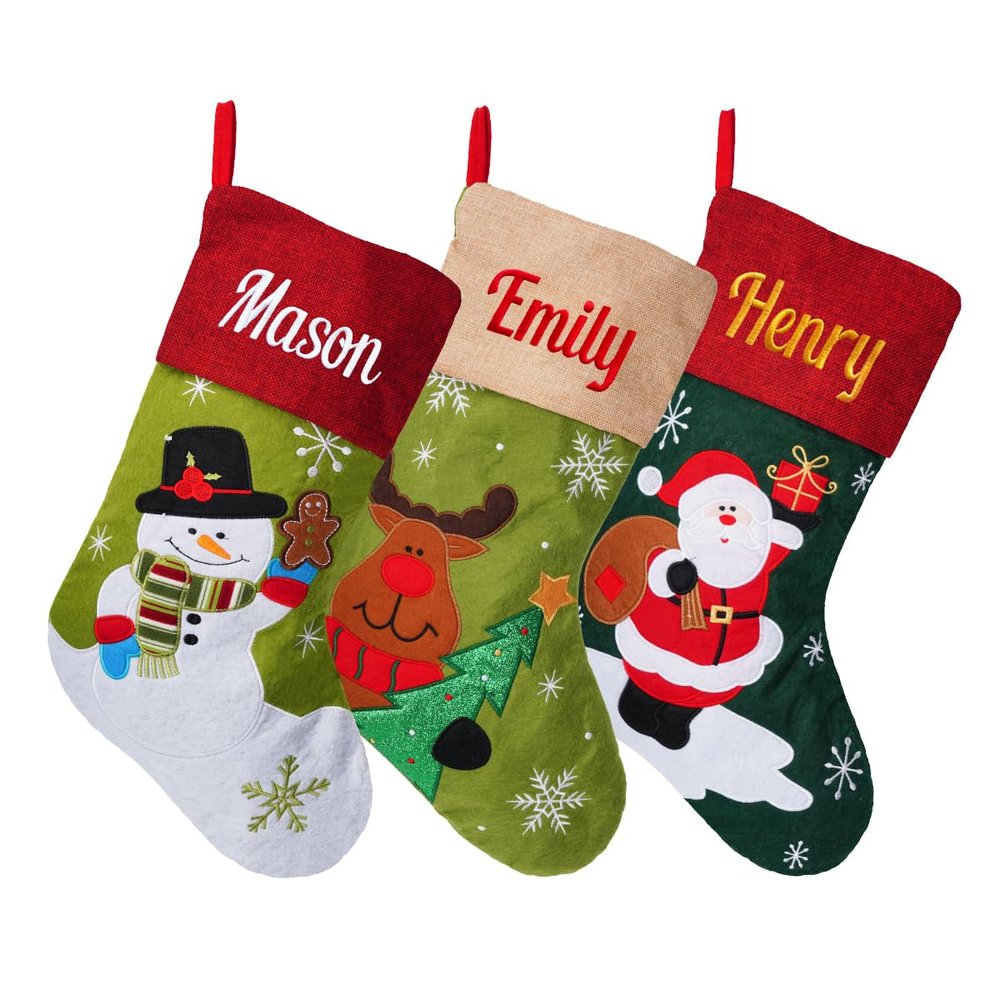 Personalized Christmas Stocking,18 Large Custom Name Cartoon Stockings, Snowman Deer Santa Xmas Stocking for Kids,Holiday and Family Stocking for Fireplace Holiday Party Decoration (5 Pcs)
