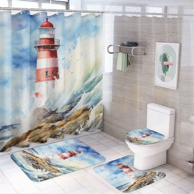 Coastal Lighthouse 4 Pieces Shower Curtain Sets with Non-Slip Rugs, Toilet Lid Cover and Bath Mat, Modern Natural Ocean Watercolor Bathroom Decor Set Waterproof Shower Curtains with 12 Hooks