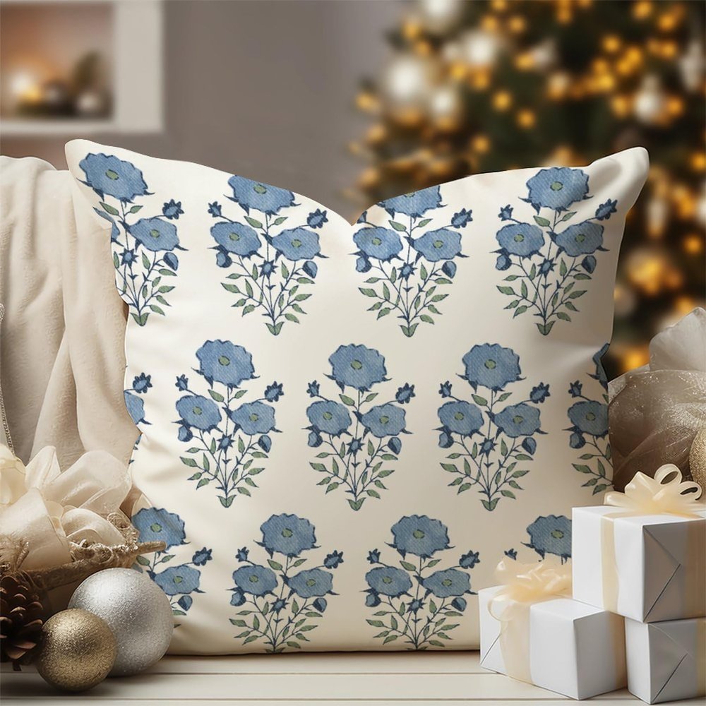 WoGuangis Blue Flower in Monsoon Throw Pillow Cushion Watercolor Chinoiserie Floral Pillow Cover Chinoiserie Chic White Linen Pillow Cover Case for Sofa Couch Car Chair 24x24in