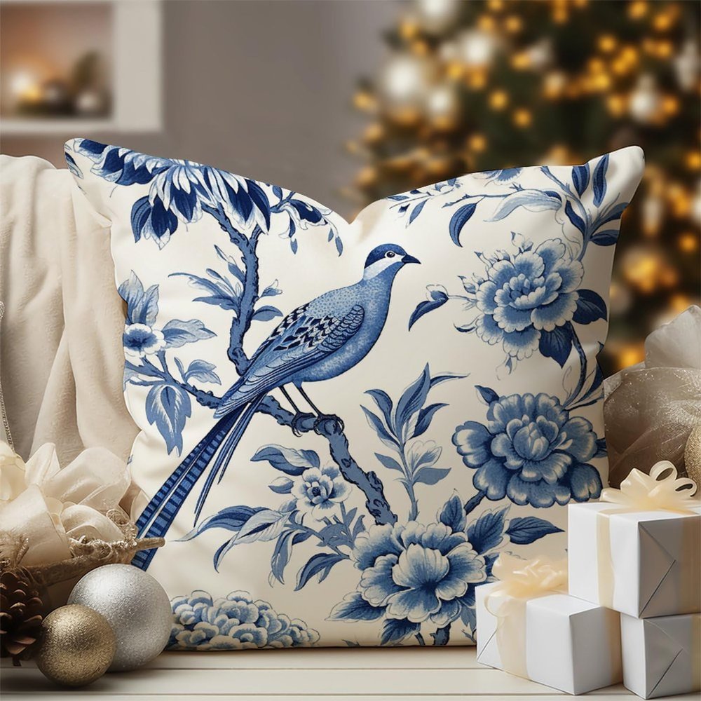 WoGuangis Navy Blue Chinoiserie Peony Flower Cushion Covers Blue Indigo Floral and Bird Sofa Pillowcase Chinoiserie Style Throw Pillowcase 24x24in White Linen Pillows for Sofa Living Room