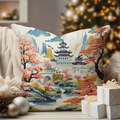 WoGuangis Chinoiserie Garden Scenery Throw Pillow Cushion Blue Pagoda Coral Pink Flower Throw Pillows Oriental Chinoiserie Pillow Cover Case 24x24in White Linen Pillows for Sofa Couch Car Chair