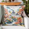 WoGuangis Chinoiserie Garden Scenery Throw Pillow Cushion Blue Pagoda Coral Pink Flower Throw Pillows Oriental Chinoiserie Pillow Cover Case 24x24in White Linen Pillows for Sofa Couch Car Chair view 3