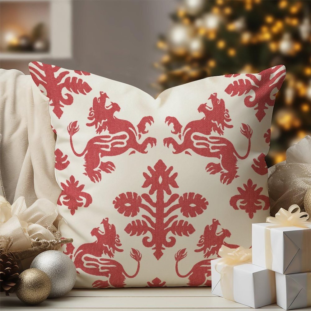 WoGuangis Chinoiserie Throw Pillow Cover Chinoiserie Red Kirin Decorative Pillow Covers Ancient Chinese Mythical Beasts Throw Pillow with Zipper for Living Room Bedroom 24x24in