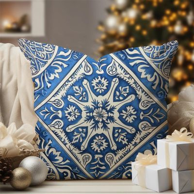 WoGuangis White and Blue Flower Damask Cushion Covers Damask Style Blue Floral Pillow Cover Chinoiserie White Linen Pillow Cases for Living Room Bedroom 24x24in to Family