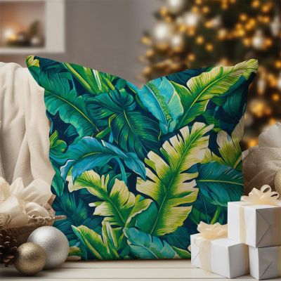 WoGuangis Teal Blue Aqua Tropical Leaf Cushion Cover Turquoise Lime Green Palm Leaves Pillow Cover Chinoiserie White Linen Pillow Cover Case for Sofa Couch Car Chair 24x24in