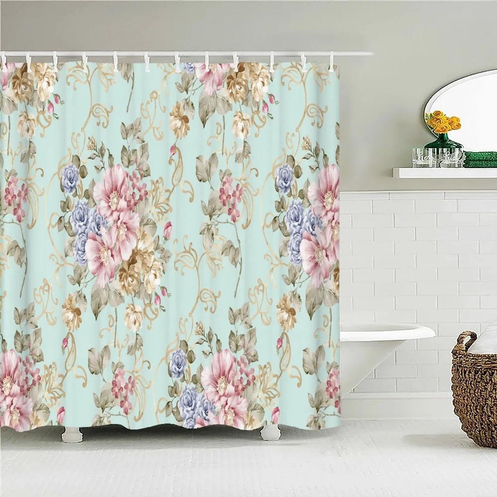 European Retro Flowers Leaves Shower Curtains Printrd Bathroom Curtains Waterproof Fabric with Hooks Home Decor Bath Screen 41x79in-103x200cm/WxH Shower curain Bathroom