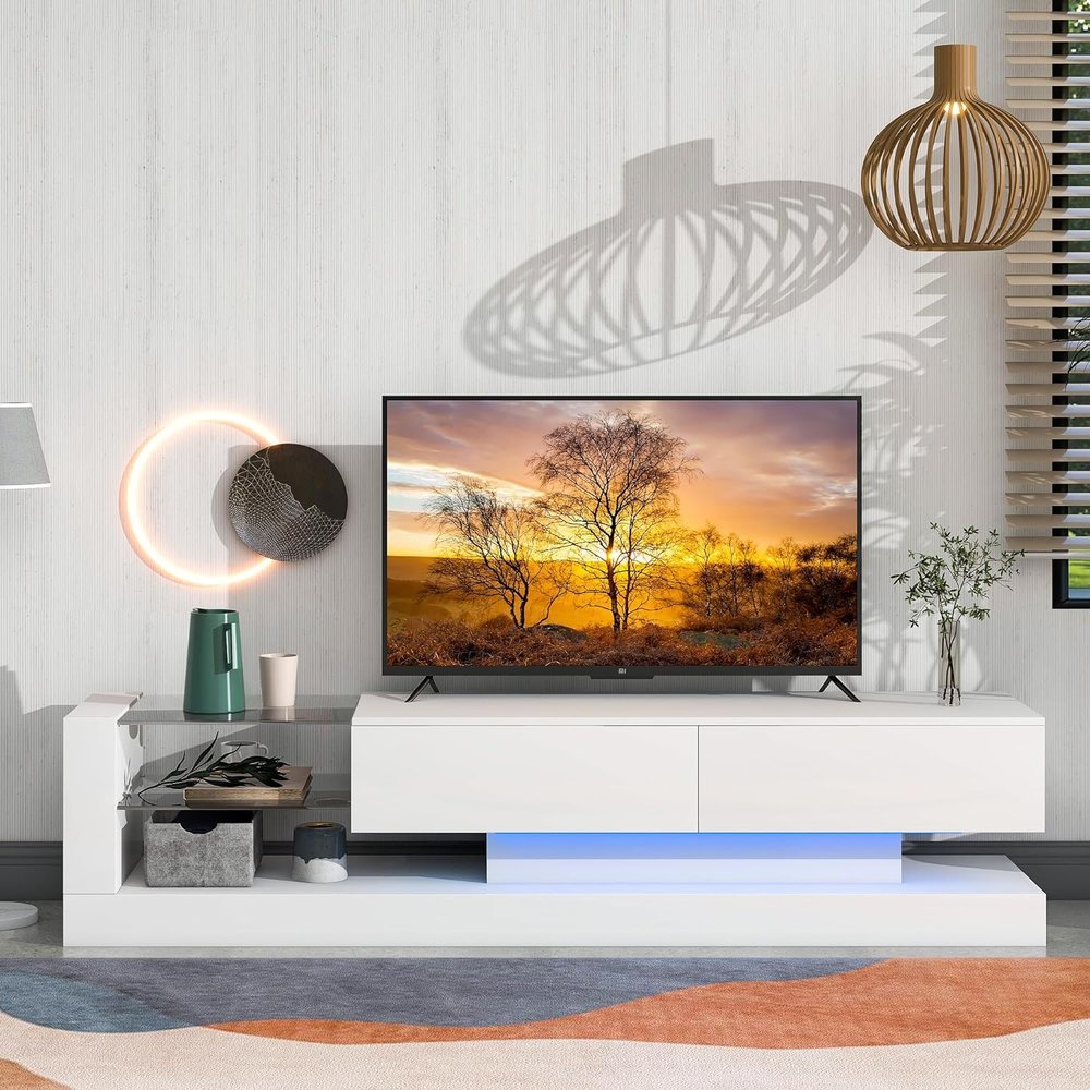 BAMACAR White TV Stand For 80 75+ 75 70 Inch TV, White TV Console For 75+ Inch TV, Entertainment Center For 75 75+ 80 Inch TV Stands For Living Room 75 75+ 80 Inch, LED TV Stand 80 75 70 Inch TV Table